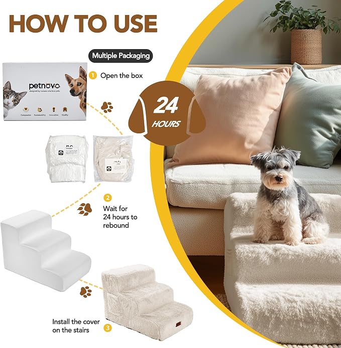 PETNOVO Ultra-Soft Faux Fur Dog Stairs for Couch and Sofa, 2-Step Dog Steps for Small Dogs, Non-Slip Foam Pet Stairs, Washable Cover, 15.7" D x 15.7" W x 11.8" H, Off-White