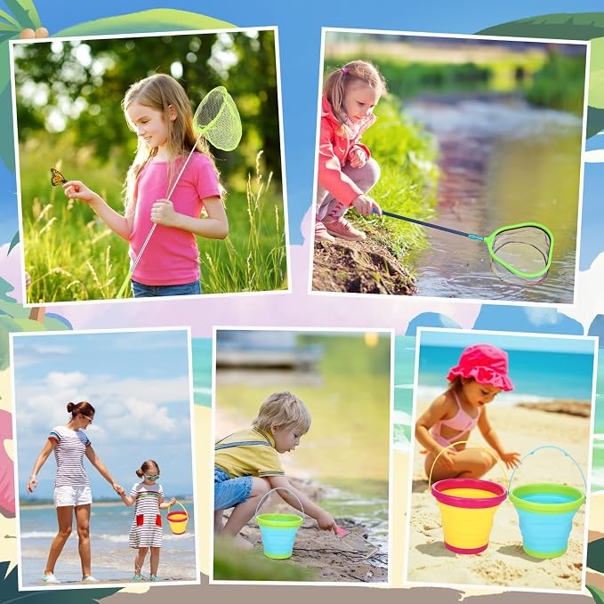 2 Pack Telescopic Kids Fishing Net with Handle, 2 Collapsible Bucket Sand Pail, Stainless Steel Foldable Fishing Net Small Fishing Butterfly Bug Net Beach Shovel with Storage Bag