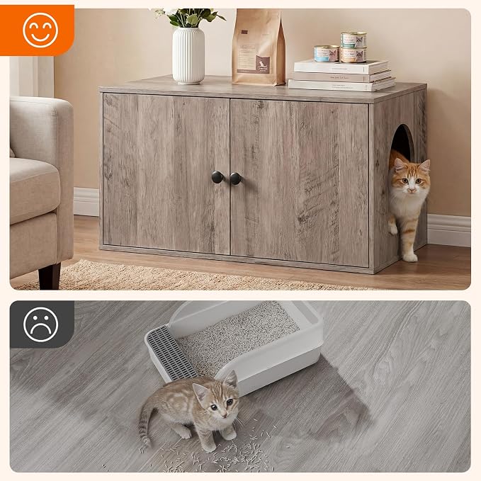 HOOBRO Cat Litter Box Enclosure, Hidden Litter Box Furniture with Side Entry, Litter Box Cabinet, Indoor Cat House, End Side Table, 31.5"L x 17.7"W x 16.3"H, for Living Room, Bathroom, Greige BG40MW01