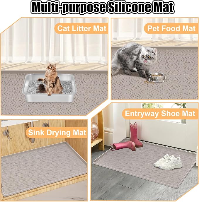 Silicone Cat Litter Mat, 42" x 29" Extra Large Litter Trapping Mat for Litter Box, Leak-Proof, Non-Slip, Kitty Litter Mats with Soft Texture for Floor, Keeping The Floor Clean (Khaki)