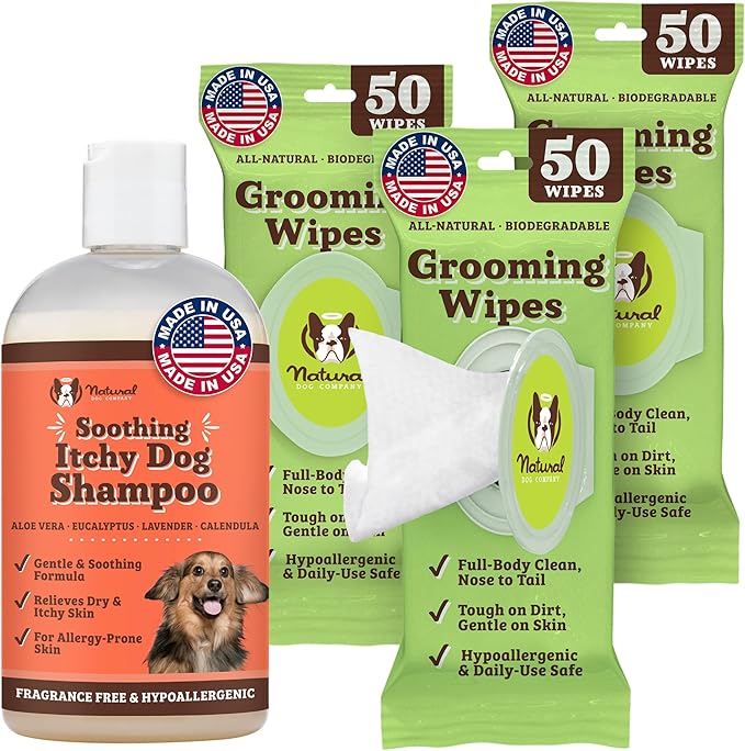 Natural Dog Company Grooming Bundle with (1) Itchy Dog Shampoo,12 oz. and (3) Grooming Wipes, 50 Count Each