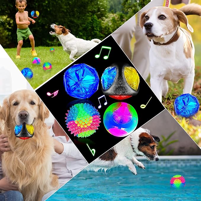 Sumind 4 Pieces Light up Squeaky Dog Balls LED Flashing Light up Ball for Aggressive Chewers Glow in the Dark Flashing Ball Pet Squeaky Toy Bounce Activated Toy for Medium Small Dogs Gift