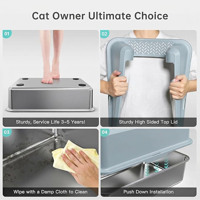 WoofiGo Stainless Steel Cat Litter Box with Lid, XL Extra Large Metal Kitty Litter Box Enclosed for Big Cats, High Sided, Anti-Urine Leakage, Non-Stick Bottom, Include Litter Mat & Metal Scoop (Gray)