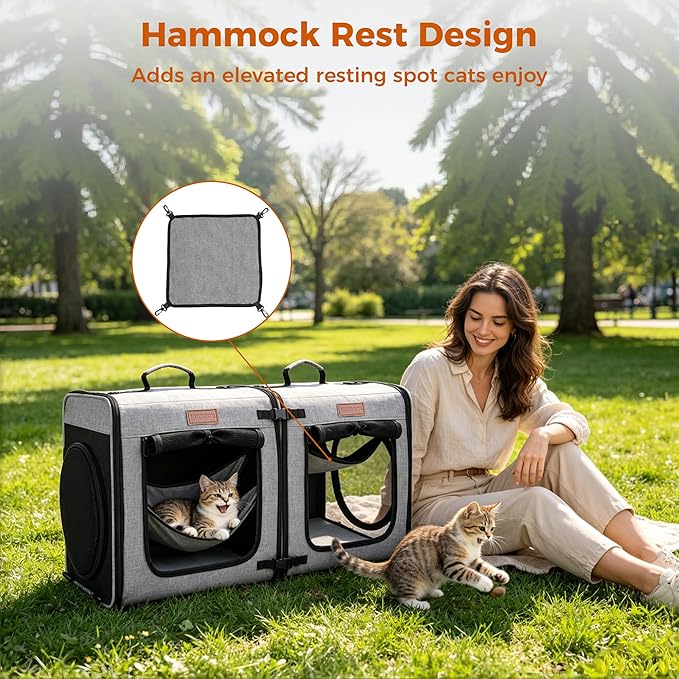 PETUX 2-in-1 Double Cat Travel Carrier with Play Tunnels | 32"x13"x17", Portable, Breathable, Soft Side Cat Carrier with Litter Box and Comfortable Hammock for Multiple Cats Traveling