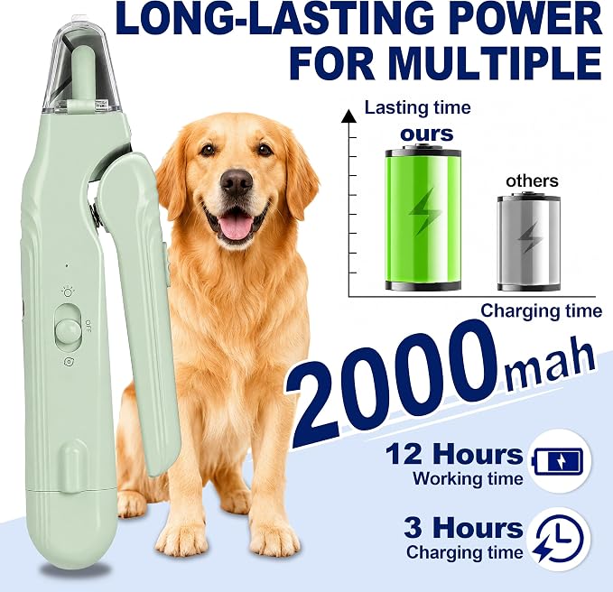 2-in-1 Dog Nail Clippers with Light - Electric Pet Nail Grinder Quiet for Small Large Dogs & Cats, LED Prevent Over Cutting, USB-C Rechargeable Safety Guard Grooming Kit for Black Nails, Green