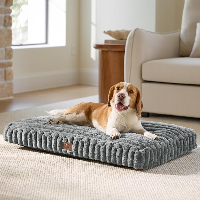 Bedsure ComfyFleece™ Plush Dog Beds Large Sized Dog, Dog Crate Bed for Balanced Support, Cute Chopped Foam Dog Pillow Pad with Removable Washable Cover, Non-Slip Waterproof Cozy Pet Mat, 35"x22", Grey
