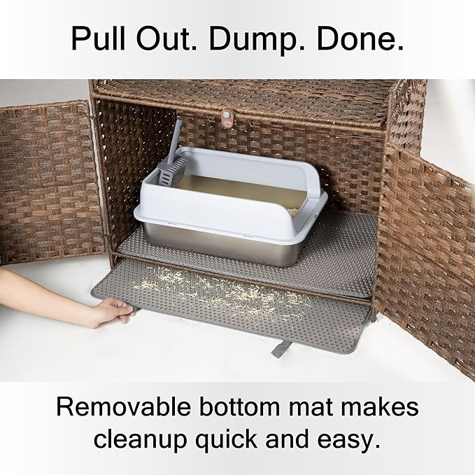 Furriends Cat Litter Box Enclosure with 2 Mats, Handwoven Rattan Hidden Litter Box Furniture Large 30.3”L x 18.2”W x 24.2”H, Double as Indoor Cat House or Side Table for Living Room Hallway, Brown