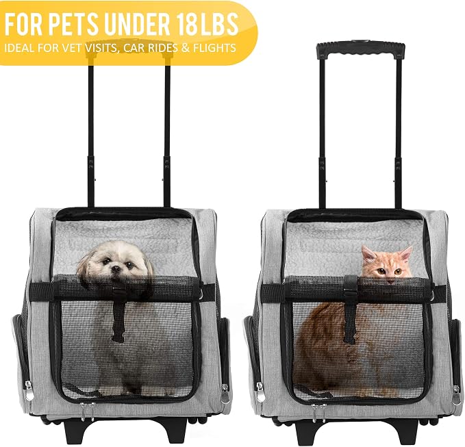 KOPEKS Deluxe Backpack Pet Travel Carrier with Double Wheels for Pets up to 18 Pounds - Grey