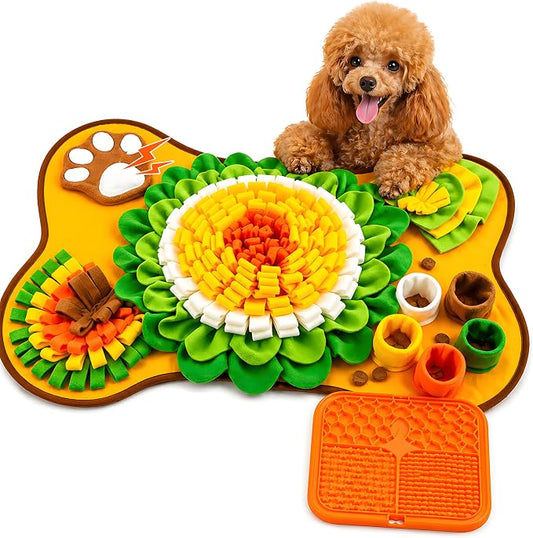 Snuffle Mat for Dogs & Lick Mat - Pet Snuffle Mat for Small and Medium Dogs, Interactive Enrichment Dog Treat Mat & Slow Feeder Puzzle Toy with Squeaky Sounds (Orange Snuffle & Lick Combo)