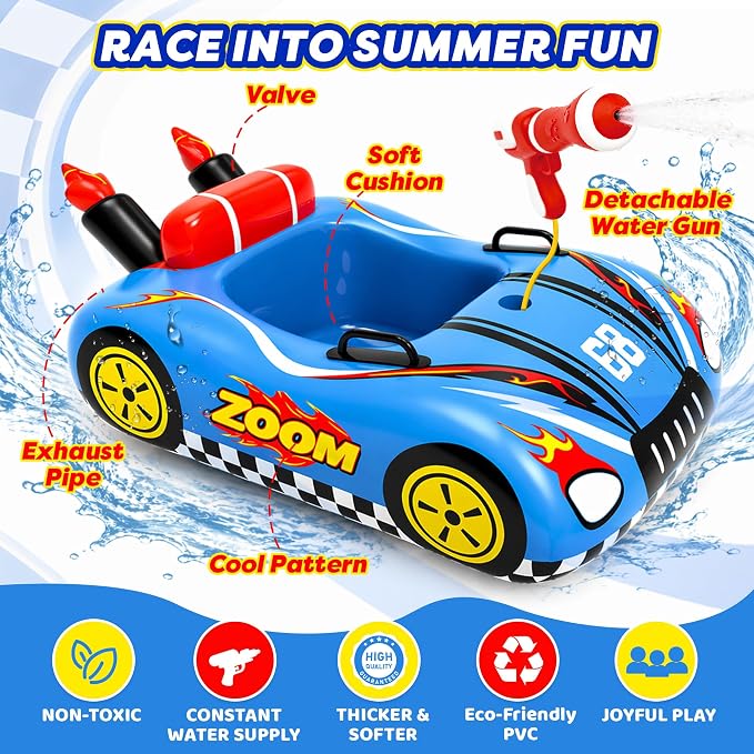 Inflatable Pool Floats for Kids with Water Gun, Race Car Toddler Pool Float for Boys, Ride-on Pool Toy with Built-in Squirt Gun Unlimited Ammo,CPC Certified Summer Outdoor Water Toys Ages 3-8