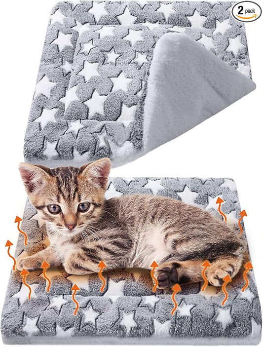 VitalCozy 2 Pack Self Warming Cat Mat Self Heating Pad Bed Reversible Machine Washable Reflects Body Heat Warm Thermal Pet Pad Crate Blanket for Feral and Indoor Cat (Star,17'' X 17'')