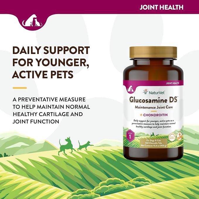 NaturVet Glucosamine DS Level 1 Maintenance Care Hip & Joint Support Pet Supplement for Dogs & Cats –Glucosamine, Chondroitin, Antioxidants –Supports Cartilage, Joint Function – 150 Ct.