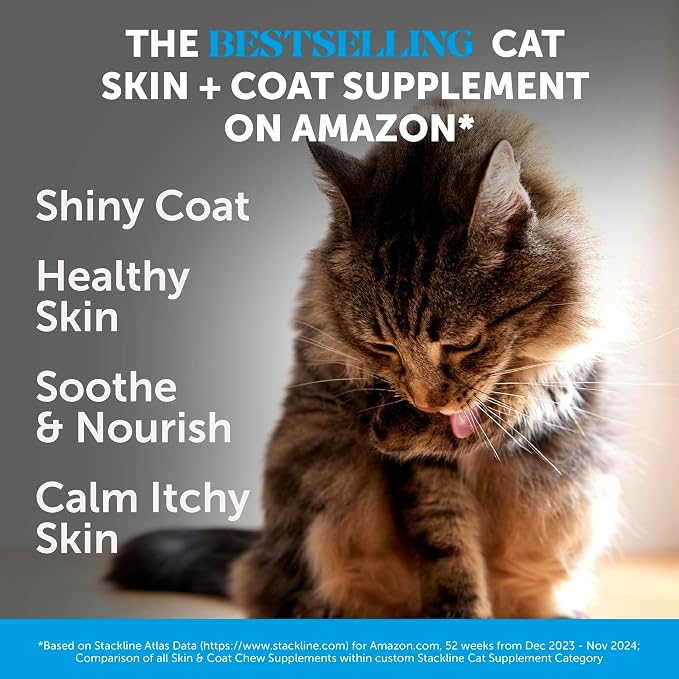 Cat Skin & Coat Supplement Crunchy Creamy Chews - Salmon Oil for Cats Omega 3 Itchy Dry Skin Relief - Feline Shedding Control - Biotin Vitamins for Indoor Cats Shiny Soft Coat (90-Day Supply)