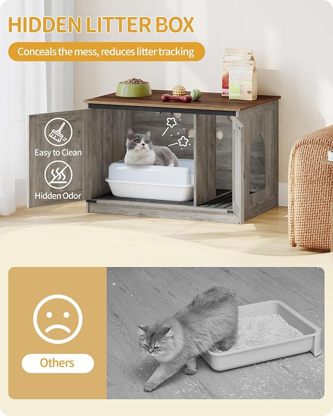 Hzuaneri Cat Litter Box Enclosure with Cushion, Hidden Litter Box Furniture with Removable Dividers, Reversible Entrance Left or Right Side, Cat House, Greige CB84605X
