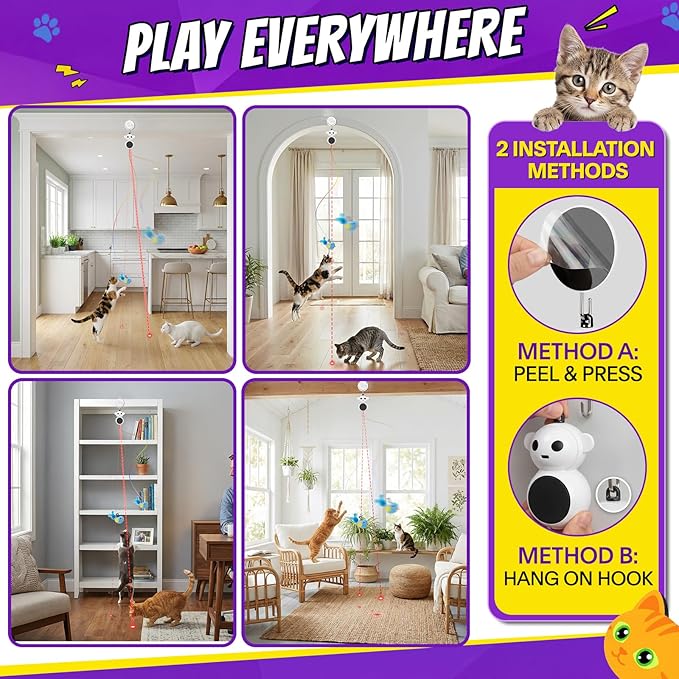 Interactive Cat Toys for Indoor Cats, 2-in-1 Laser Pointer Cat Toy with Automatic Flying Bird & Mouse Wand, Adjustable Speed USB Rechargeable Doorway Hanging Toy for Bored Kittens and Adult Cats