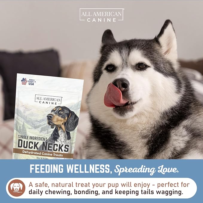 All American Canine 50 Natural Duck Neck Dog Treats – Single Ingredient, Dehydrated & Chewy – Low-Fat, High-Protein Training Reward – Made in USA