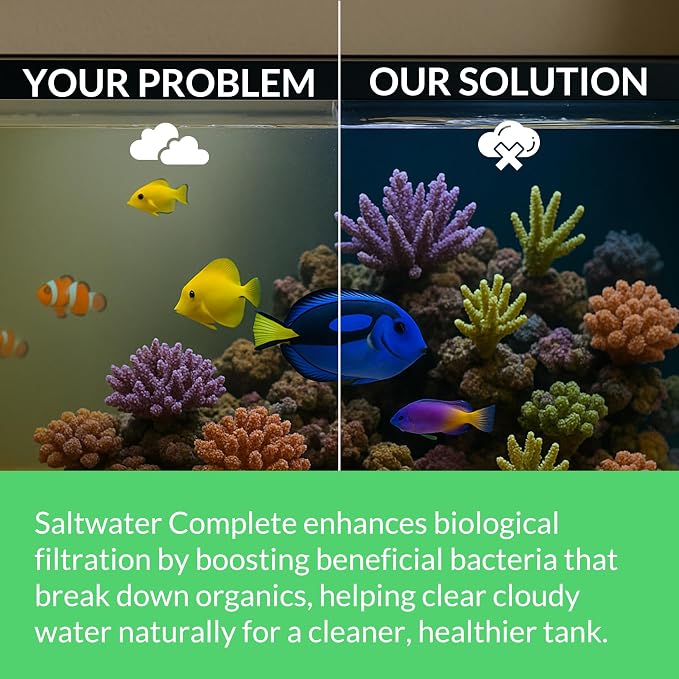Saltwater Complete – Live Nitrifying Bacteria Blend for Saltwater & Reef Aquariums - Instant Cycle Marine Tank Starter - Removes Ammonia Nitrite - Clarifier - Safe for Fish Coral Invertebrates - 12oz