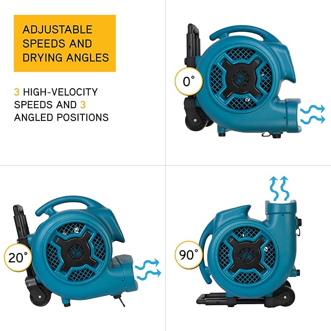 XPOWER P-830H Pro 1 HP 3600 CFM Centrifugal Air Mover, Carpet Dryer, Floor Fan, Blower, Telescopic Handle and Wheels, for Water Damage Restoration, Janitorial, Plumbing, Home Use