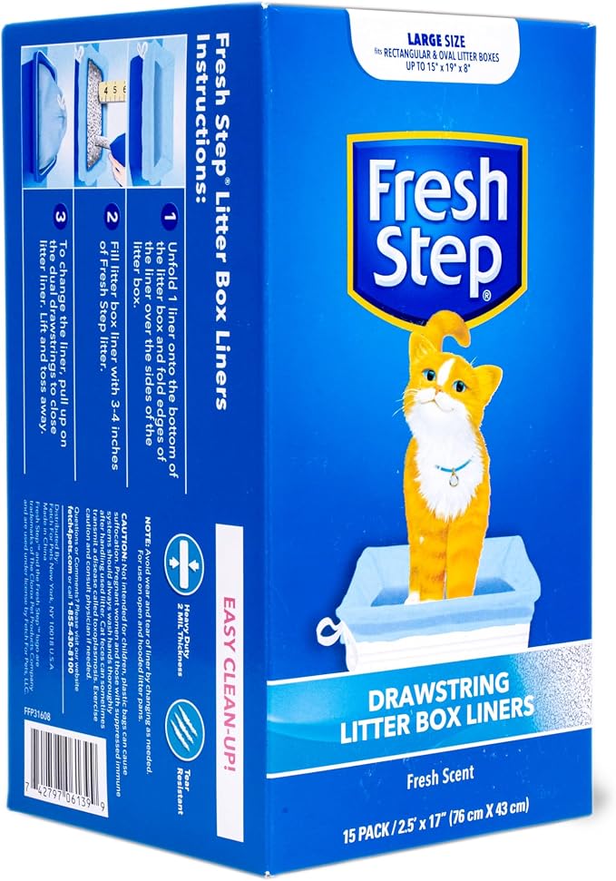 Fresh Step Drawstring Cat Litter Box Liners Scented Heavy Duty Kitty Litter Bags Large Oval or Rectangle Pans Contains Odor and Mess Easy Lift Out Cleanup 30 x 17 IN 15 Count 12 Pack