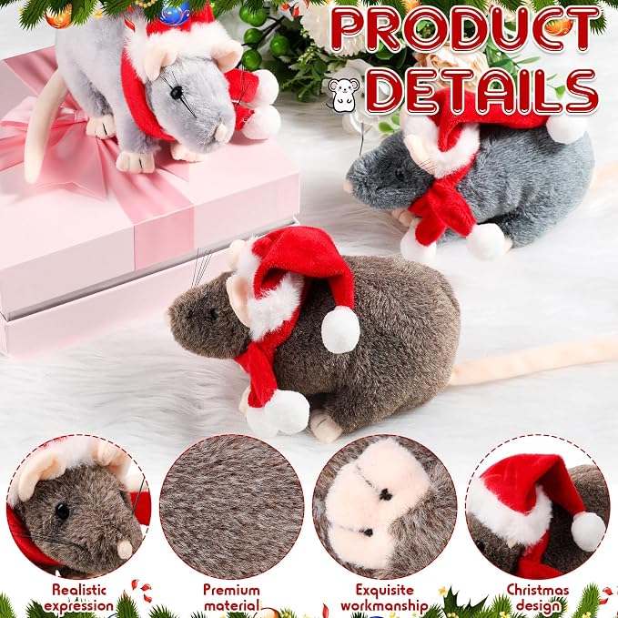 Honoson 8 Pcs Rat Stuffed Animal Mouse Plush Toy 7 Inch Fake Rat Small Stuffed Mice Bulk Cuddly Realistic Plushies for Birthday Christmas Surprise Gifts(Mixed Color,Holiday)