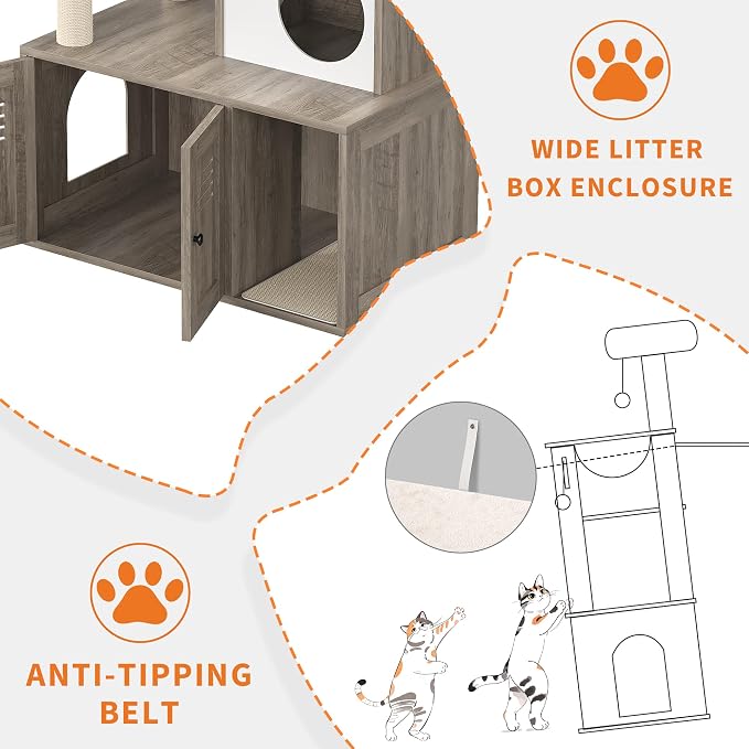 Garvee Cat Litter Box Enclosure with Tree Tower and Condo, Hidden Pet Washroom Furniture with Sisal Scratching Post,Hammocks and Soft Plush Perch, Wooden Cat Furniture with Multiple Platforms,Grey