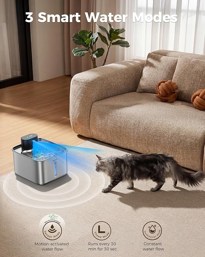 Zellar Wireless Cat Water Fountain, 99oz/2.8L Pump-Free Ultra-Quiet Pet Water Dispenser, 304 Stainless Steel with Multi-Layer Filtration, 3 Smart Modes & Motion Sensor, Fountain for Cats/Dogs