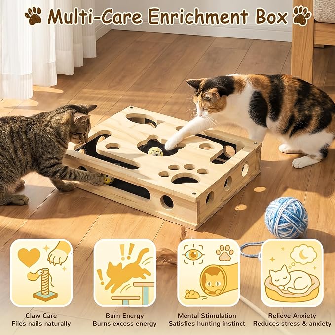 Cat Nail File Box, Interactive Wooden Cat Scratch Puzzle Toy with Sandpaper, Includes 3 Bell Balls & 3 Replacement Pads for Indoor Cats, Stress-Free Enrichment Claw Care (Large)