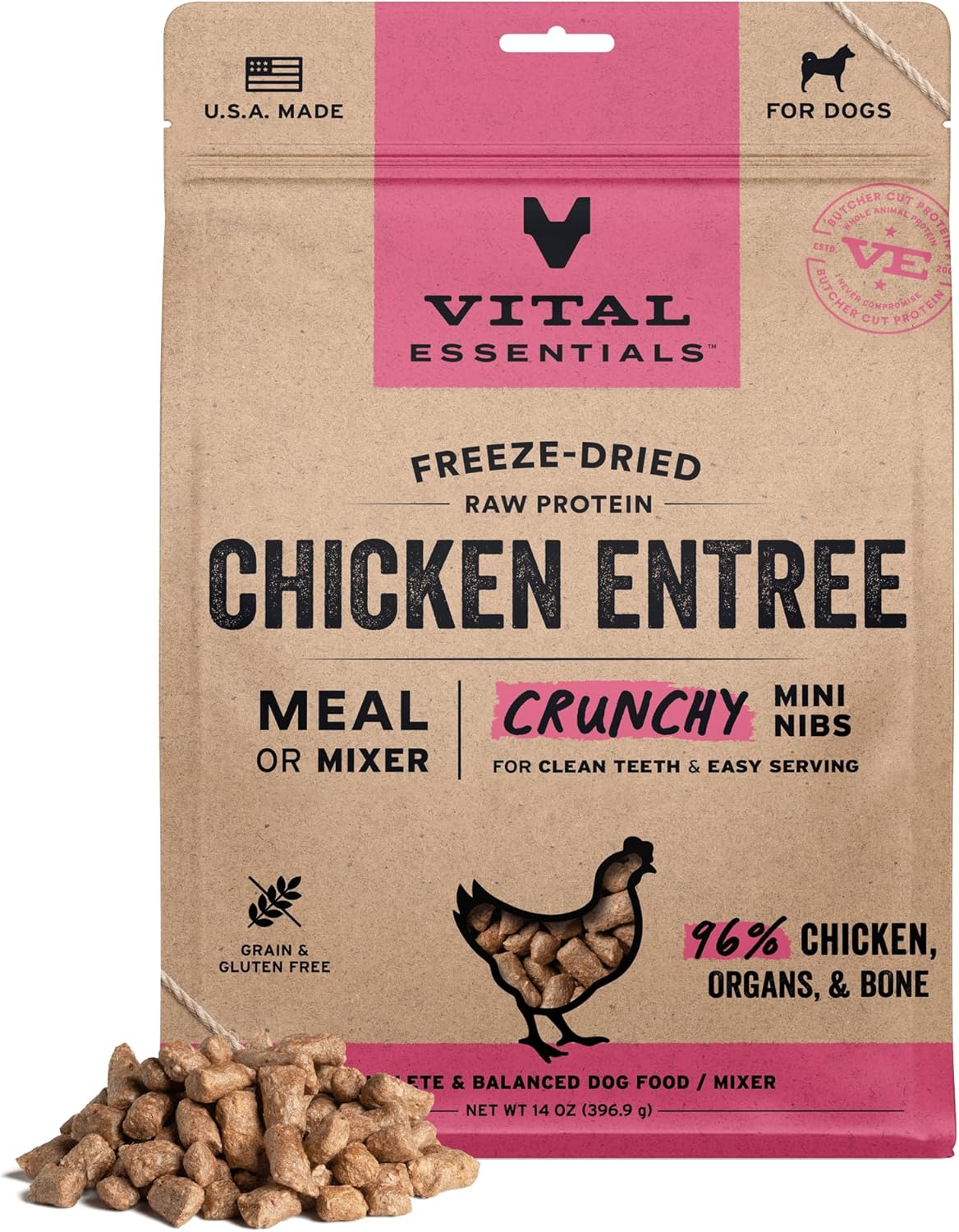 Vital Essentials Freeze-Dried Raw Chicken Meal or Mixer Dog Food Crunchy Mini Nibs, 14 oz