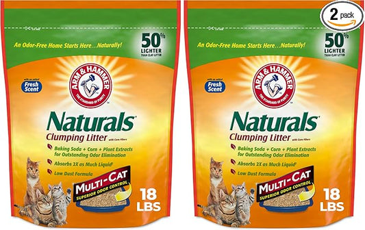 ARM & HAMMER Naturals Clumping Cat, Litter Odor Control, Multi Cat Litter, 18 lb. Bag (Pack of 2)