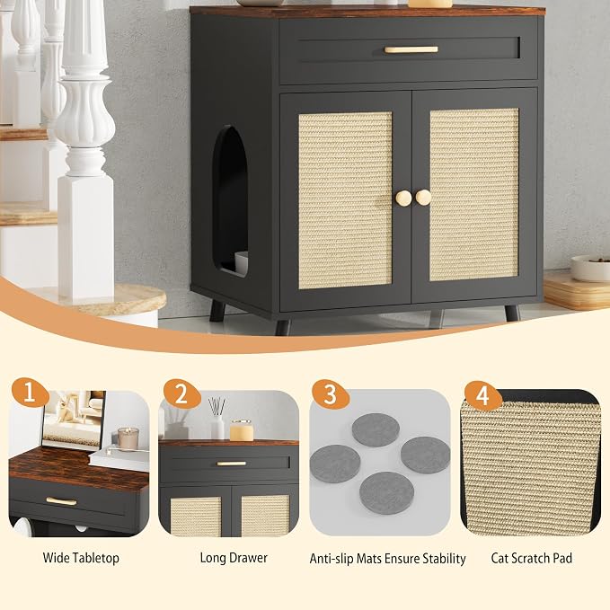 Cat Litter Box Enclosure Litter Box Furniture Hidden with Scratching Board Doors and Drawer Wooden Washroom Cat House Table Nightstand Indoor Box Cabinet,Black