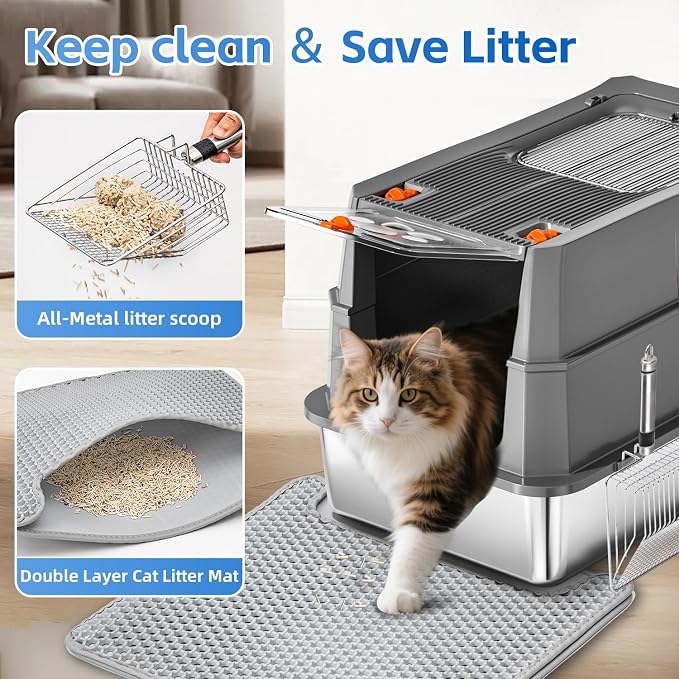 Stainless Steel Litter Box with lid,165° Flip-Top Large Enclosed Cat Litter Box with Metal Litter Scoop & Cat Litter Mat.Non-Sticky, Non-Odor, Easy Cleaning-Dark Grey