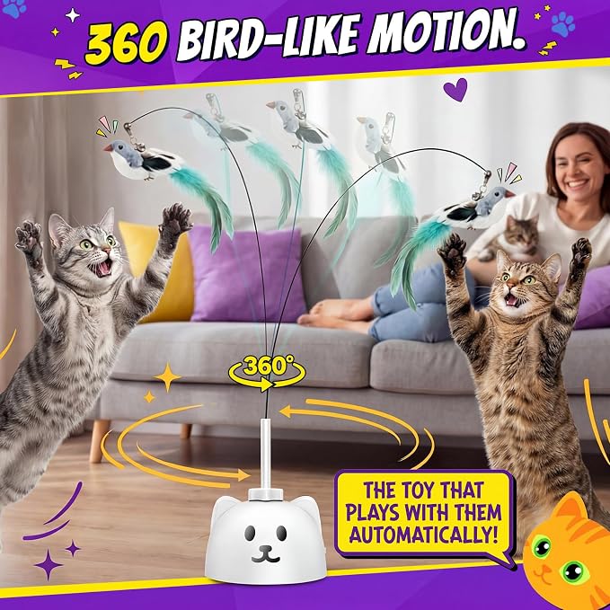 Interactive Cat Toys for Indoor Cats, Automatic Flying Bird Cat Toy with 360° Feather Wand, Strong 8cm Suction Cup, USB Rechargeable Self-Play Cat Toy for Bored Kittens & Adult Cats
