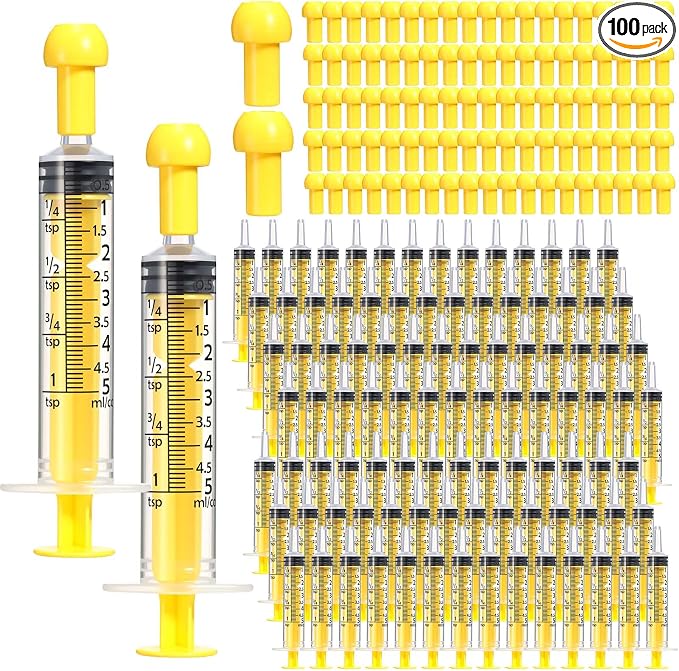 TrelaCo 100 Pack 5ml Syringes with Caps, Colored Plastic Measuring Syringe for Liquid, Pet Feeding, DIY, Party, Craft, Individually Sealed and Wrapped(Yellow)