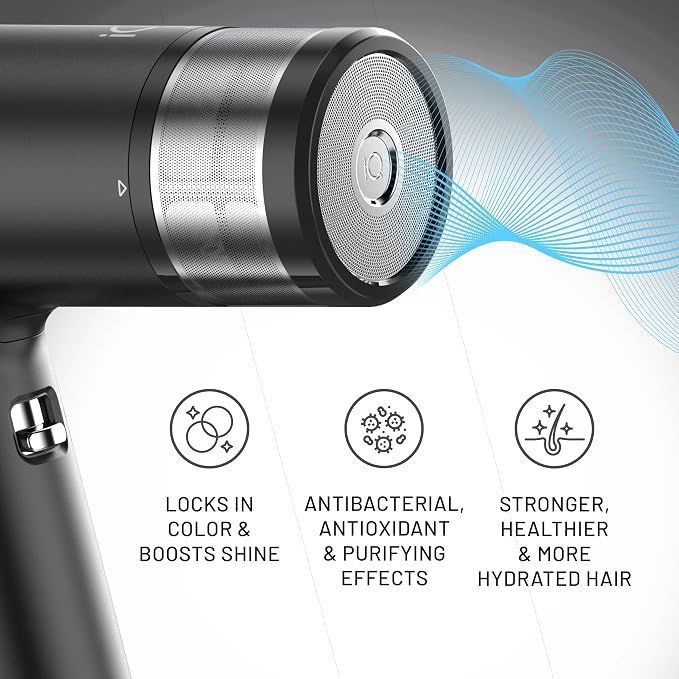 GA.MA iQ1 Perfetto Hair Dryer with 110,000 RPM Intelligent Brushless Motor, Oxy Active Technology, Auto-Clean & Washable Filter, Includes Diffuser & 3 Nozzles, Black