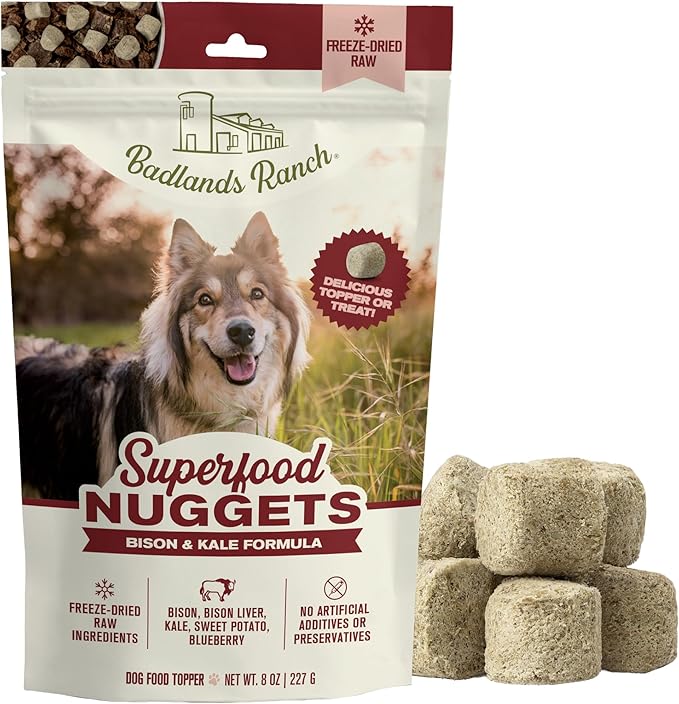 BADLANDS RANCH Superfood Nuggets – Freeze-Dried Raw Dog Treat & Food Topper, Nutrient-Dense Bison & Kale Formula, High Protein, No Artificial Additives, 8oz Bag