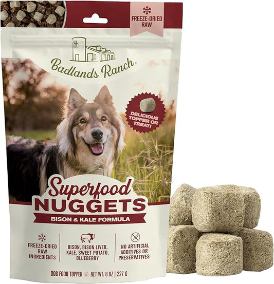 BADLANDS RANCH Superfood Nuggets – Freeze-Dried Raw Dog Treat & Food Topper, Nutrient-Dense Bison & Kale Formula, High Protein, No Artificial Additives, 8oz Bag