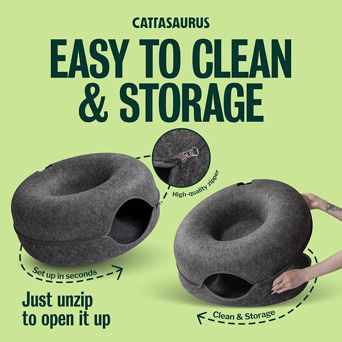 Cattasaurus Peekaboo Cat Cave for Multiple & Large Cats Up to 30-45 Lbs, Scratch Detachable & Washable Tunnel Bed, Comfy Donut Cat Cave (Dark Gray, Large)
