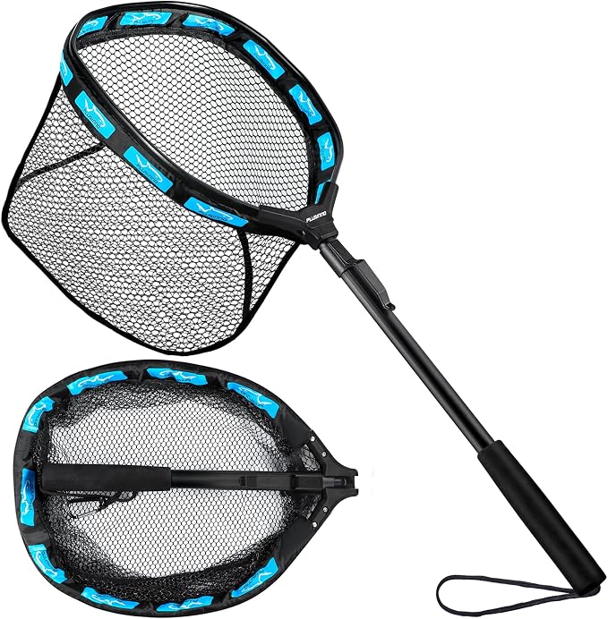PLUSINNO Fishing Net Fish Floating Landing Net, Kayak Nets with Fixed Foldable Telescopic Pole Handle, Bass Trout Fishing Nets with Nylon Mesh for Pond Lake River, Fishing Gear Gifts for Men Anglers