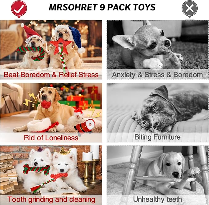 MRSOHRET Christmas Dog Toys, 9 Pack Dog Rope Toy, Puppy Chew Toy for Teething with Gift Bag, Plush Squeaky Toy, Christmas Stocking Stuffers for Small Medium Dogs