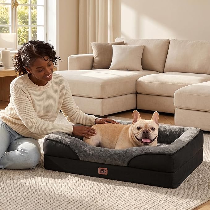 EHEYCIGA Orthopedic Dog Bed for Medium Dog, 35x22 Inch Memory Foam Dog Couch Bed with Sides, Waterproof Liner & Washable Removable Cover, Bolster Pet Sofa, Grey/Black
