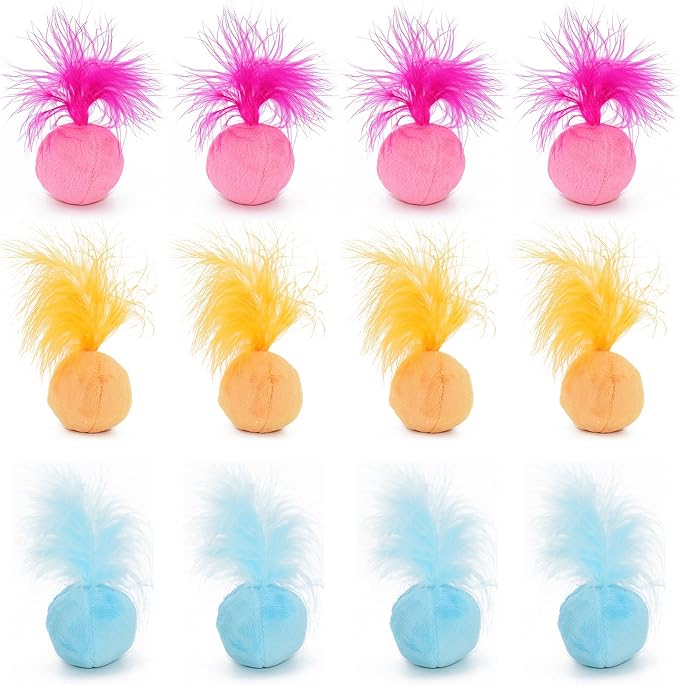 Furry Rattle Ball Cat Toy with Feather and Catnip - Interactive Pom Pom Balls for Cats, Soft and Lightweight, 2 Inch, 12 Pack.