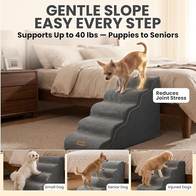 Dog Stairs for High Beds Up to 30", Extra-Tall 5-Step Dog Steps for Bed, 24.5" Tall Foam Pet Stairs for Small & Medium Dogs, Gentle Slope Cat Ramp for Bed with Washable Cover