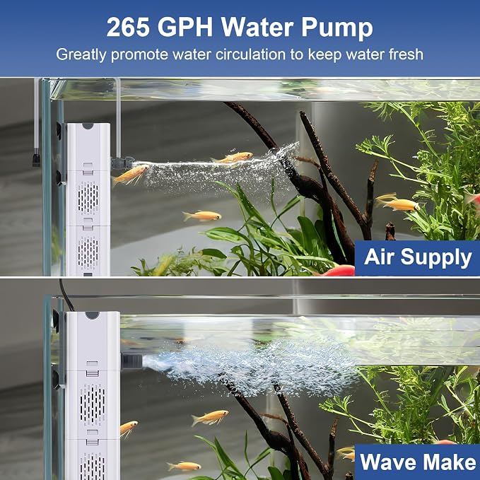 265 GPH 4-in-1 aquarium filter, 20-80 gallon fish tank filters Filtration and Oxygenation, filter for fish tank with biochemical cotton, ceramic beads, Multi-functional turtle tank filter(15 W)