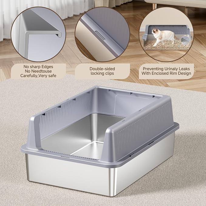 XXXL Stainless Steel Cat Litter Box with Lid (Gray-B)