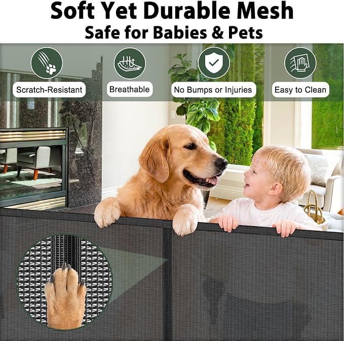 KISKIZ 59 Inch Wide Retractable Baby Gates, Reinforced Retractable Gate with Support Rods to Prevent Crawling Through, 5 FT Retractable Dog Gate for Stairs, Doorways, Hallways, Indoor/Outdoor, Black