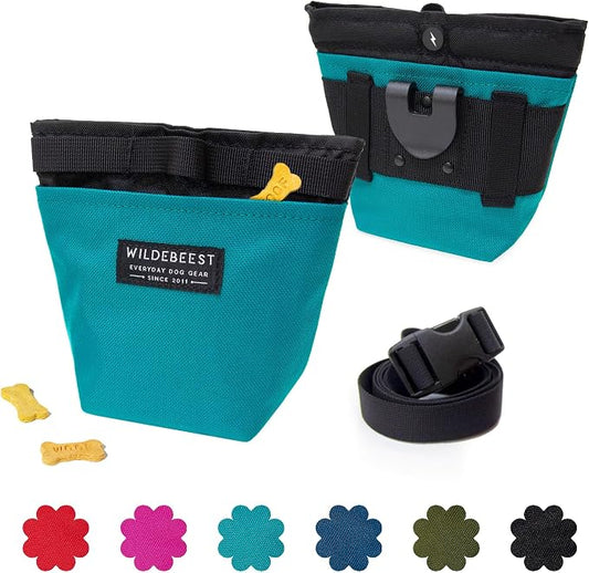 Wildebeest Dog Treat Pouch, Dog Treat Bag, Dog Training Treat Pouch, Dog Travel Bag, Pet Treat Pouch, Magnetic Closure, 2 Water-Resistant Compartments, Detachable Waist Strap & Belt Clip (Turquoise)