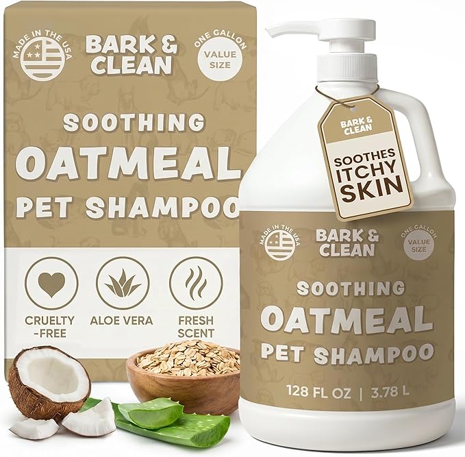 Oatmeal Dog Shampoo for Itchy Dry Skin, 1 Gallon with Pump - Hypoallergenic Anti-Itch Allergy & Sensitive Relief, Smelly Dogs, Aloe Vera Coconut Oil, Sulfate and Paraben Free, Made in USA Bark & Clean