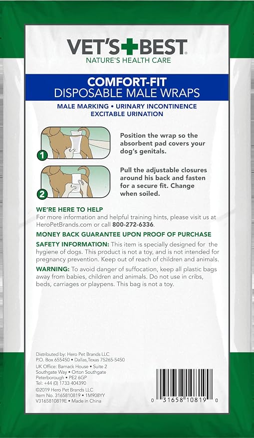 Vet’s Best Comfort Fit Disposable Male Dog Diapers - Absorbent Male Wraps with Leak Proof Fit - Large, 30 Count