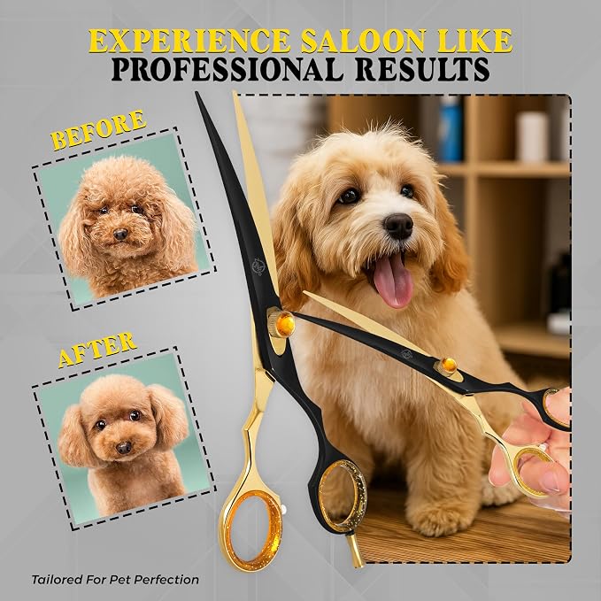 7.5 Inch Curved Grooming Scissors for Dogs and Cats – Professional Pet Grooming Shears for Face, Paws, Body and Tail – Sharp, Smooth, Ergonomic Curved Blades for Salon Groomers and Home Use