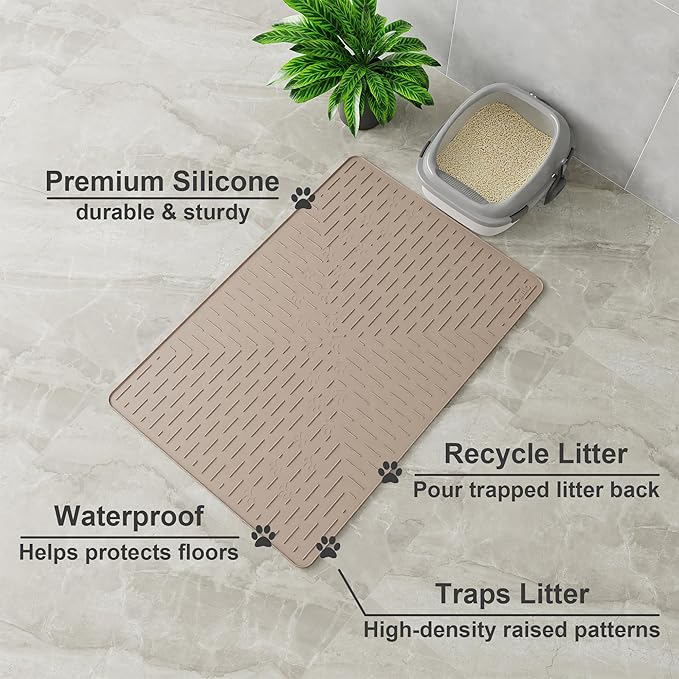 OHMO Cat Litter Mat XXL Trapping Mat Premium Silicone Rubber 37.5x25.2 Beige，Waterproof and BPA Free Kitty Litter Box Mat, Easy to Clean and Keeps the Floor Tidy